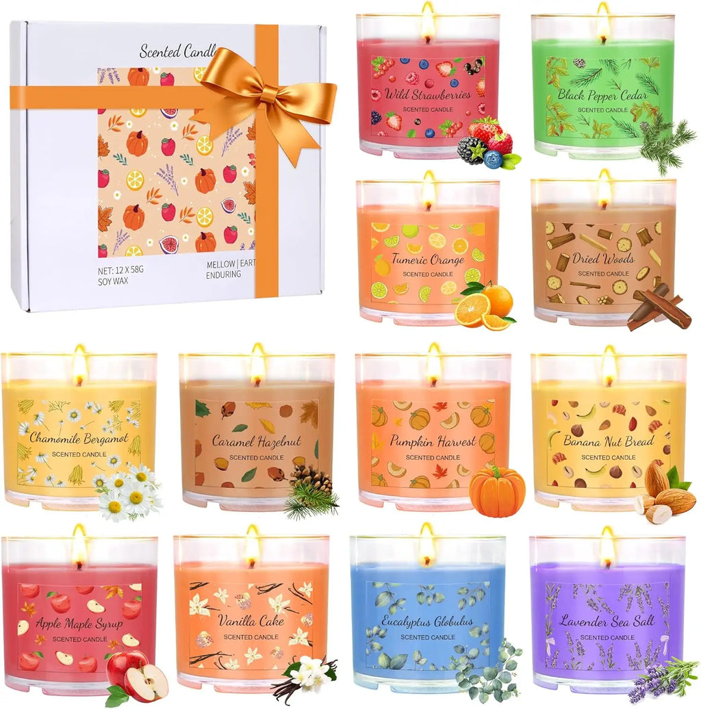 12 Pack Fall Scented Soy Candles Bulk Pumpkin Vanilla Caramel Lavender Mini Candle Gift Set for Halloween Christmas