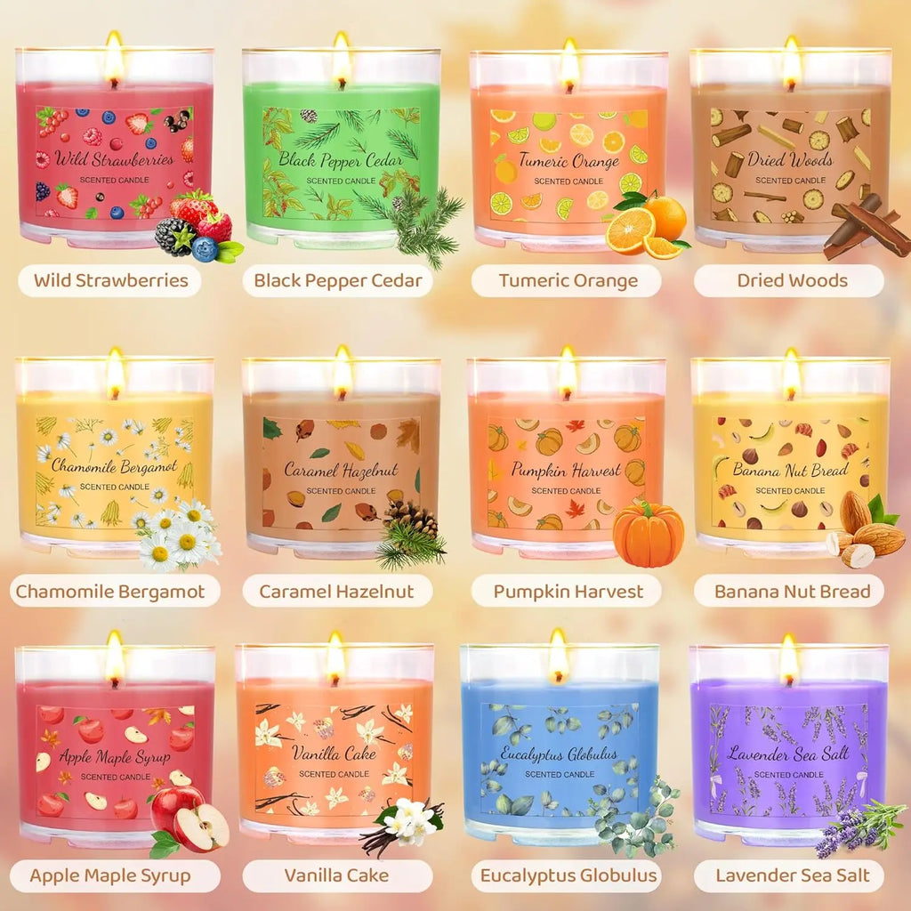 12 Pack Fall Scented Soy Candles Bulk Pumpkin Vanilla Caramel Lavender Mini Candle Gift Set for Halloween Christmas