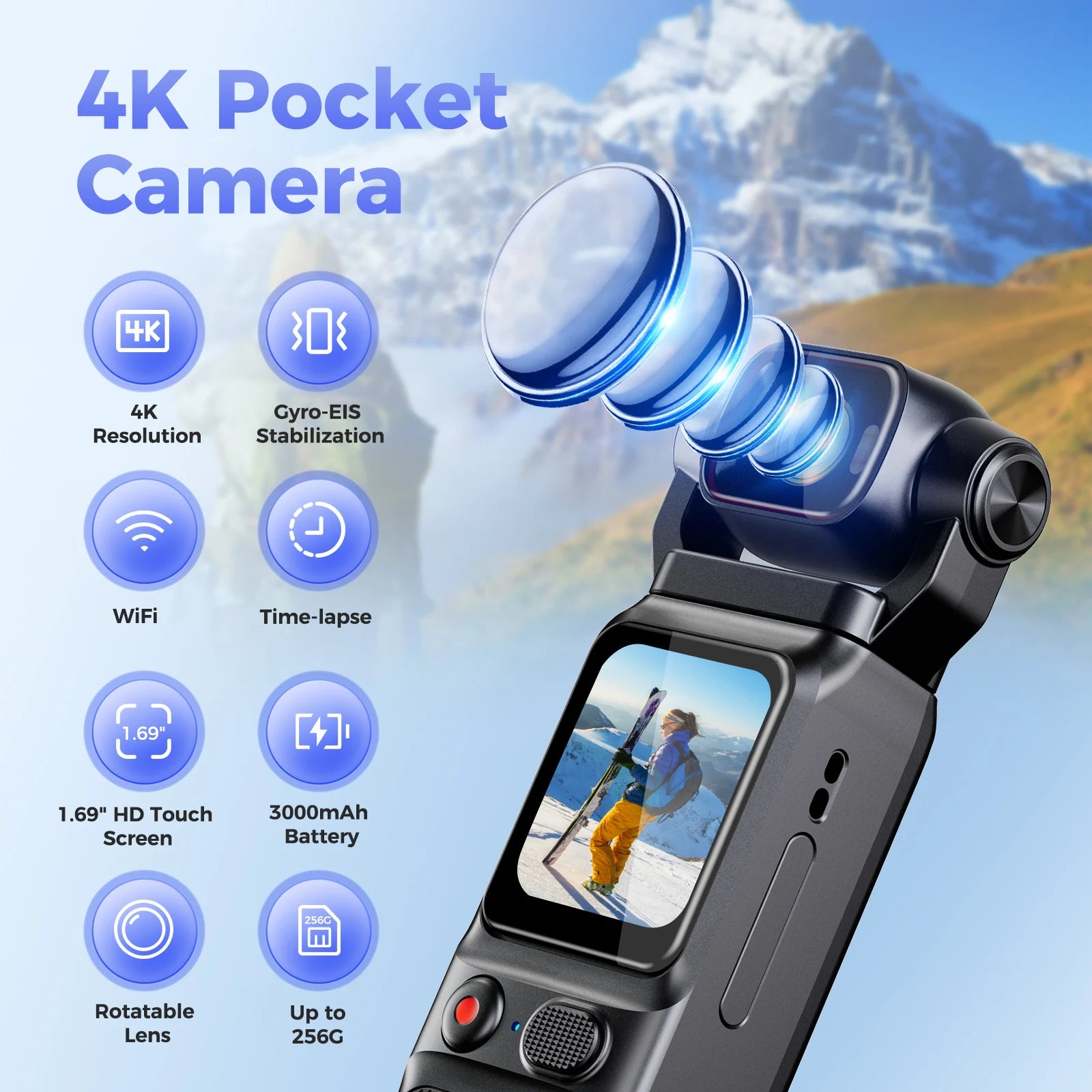 4K Pocket Action Camera Touch Screen Stabilization Sport BodyCam Portable Small Video Recorder Digital Vlog Camera for YouTube