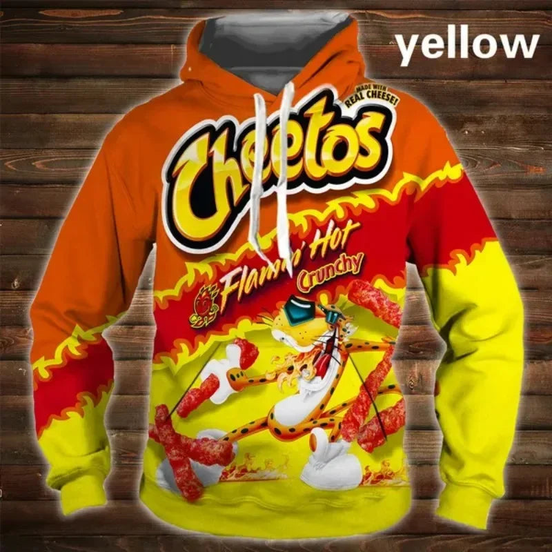 Cartoon 3D Hoodie Cheetos Food Hooded Sweatshir Men's and Women's Long Sleeve Pullover Oversized Haikyuu Graphic Hoodies